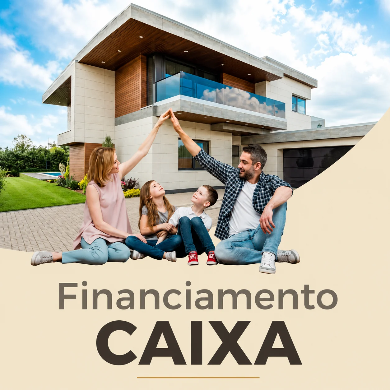 Família diante de uma casa representando financiamento habitacional CAIXA