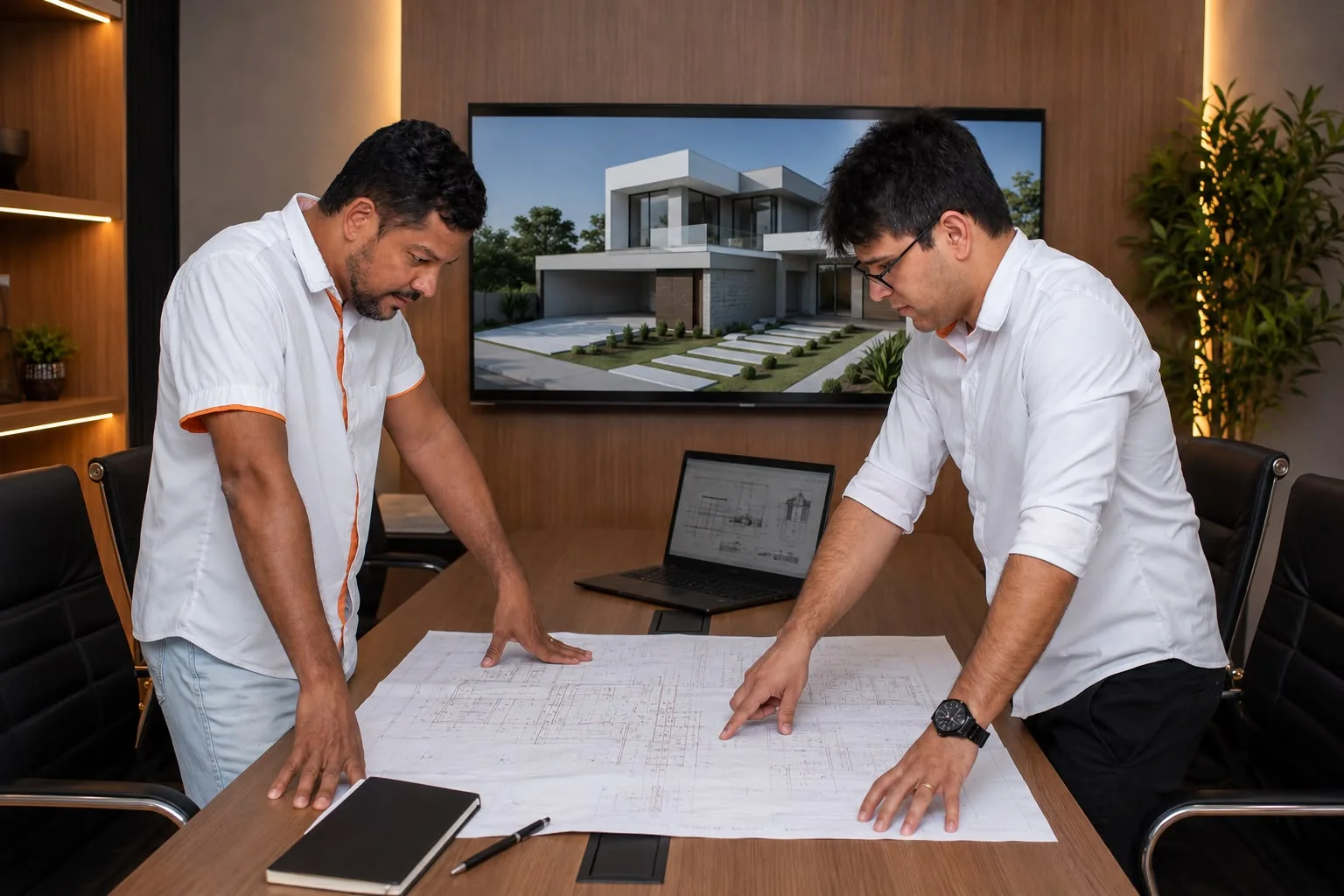 Profissionais de engenharia analisando um projeto de construção financiada